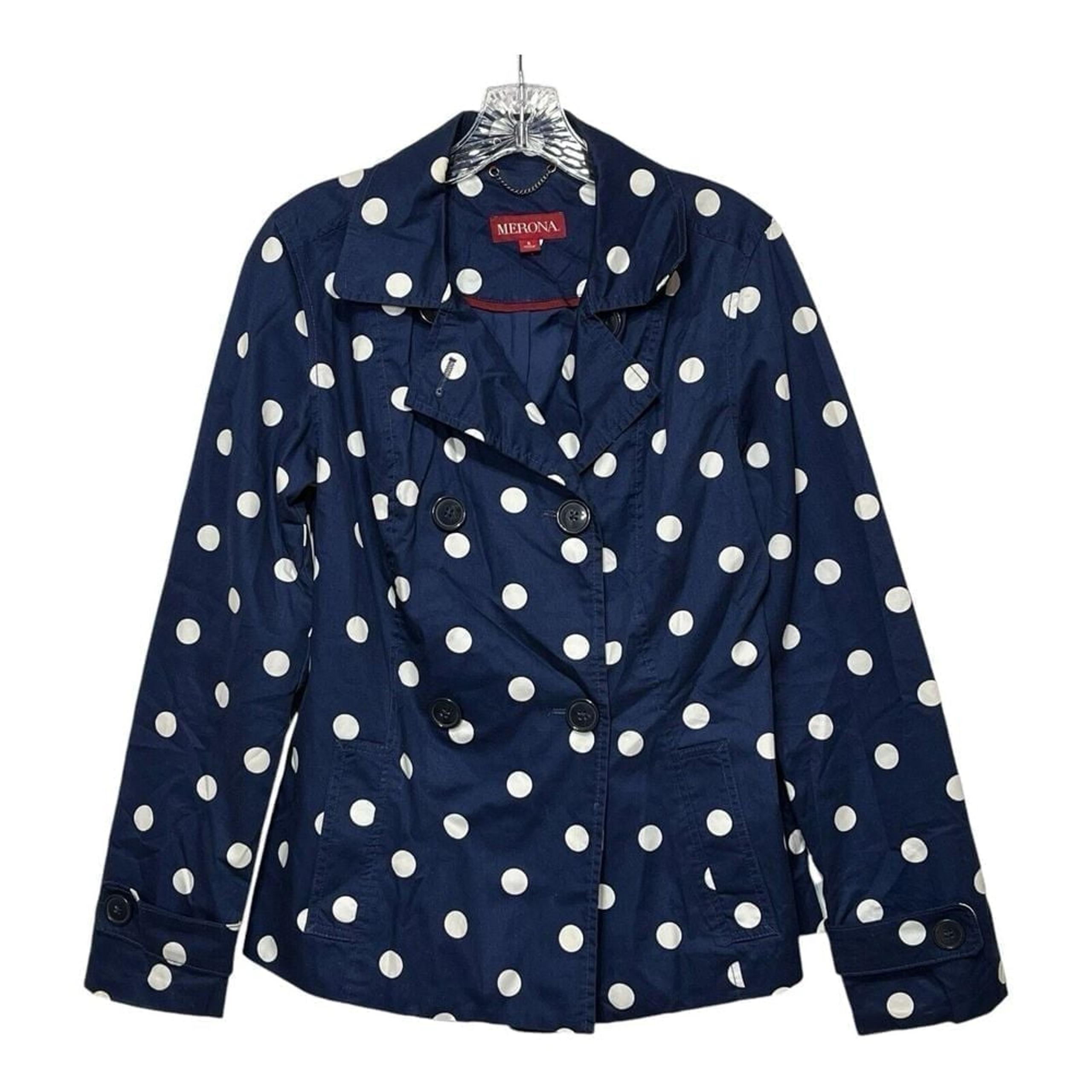 Merona Womens Size S Blue White Polka Dot Trench Pea Coat Double Breasted Jacket