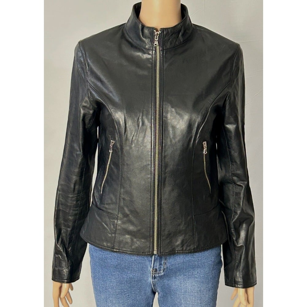 GUESS LEATHER Jacket Blazer Women M Black Lined Zip Pockets Moto Biker Fitted