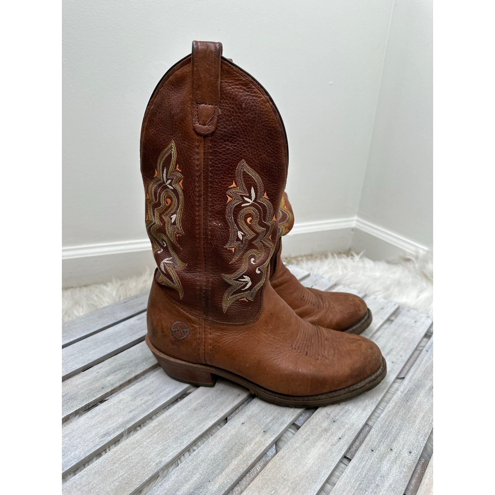 Vintage Double H Embroidered Brown Leather Western Cowboy Boots