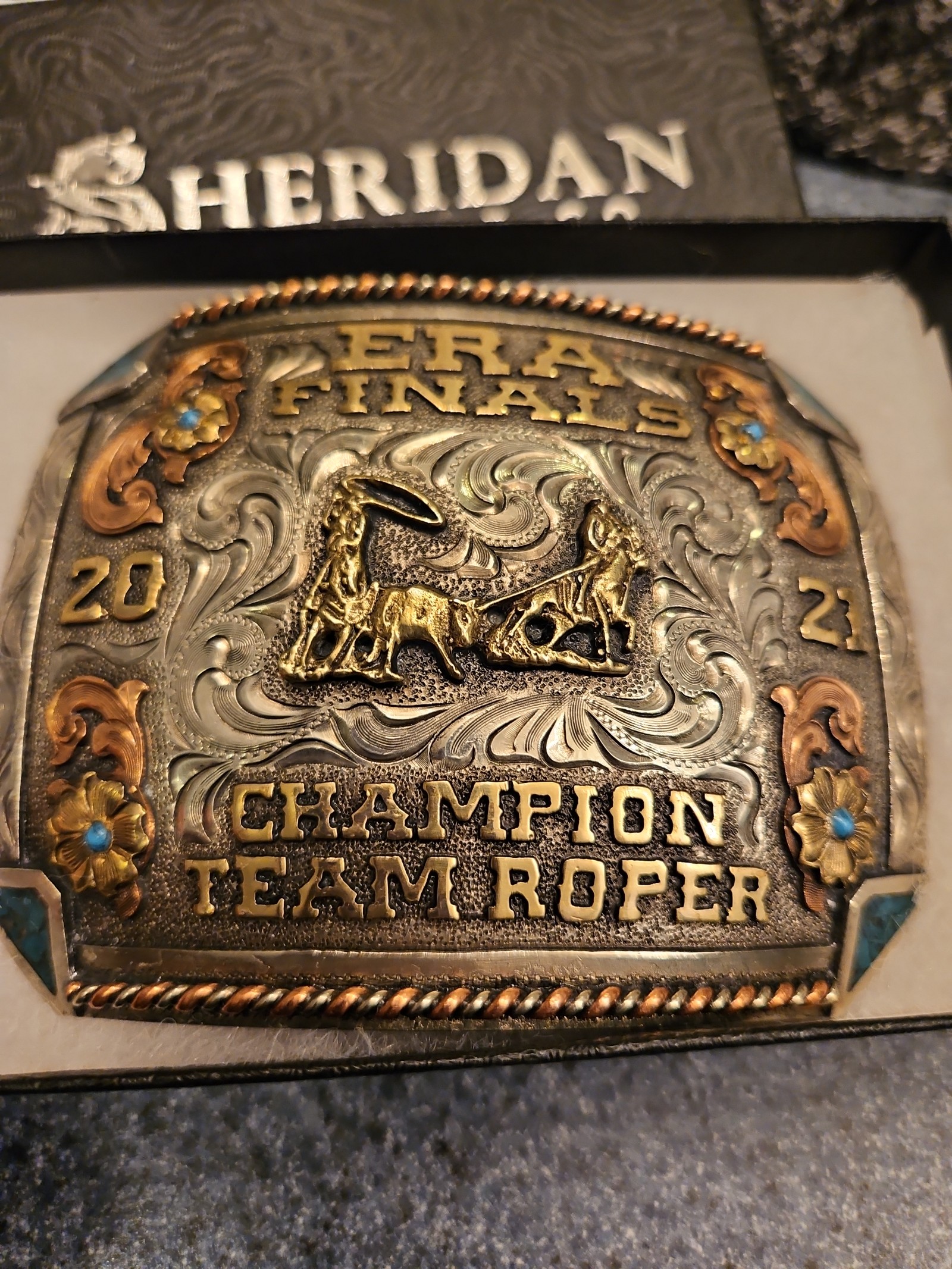 Belt buckle rodeo champion trophy team roper prca