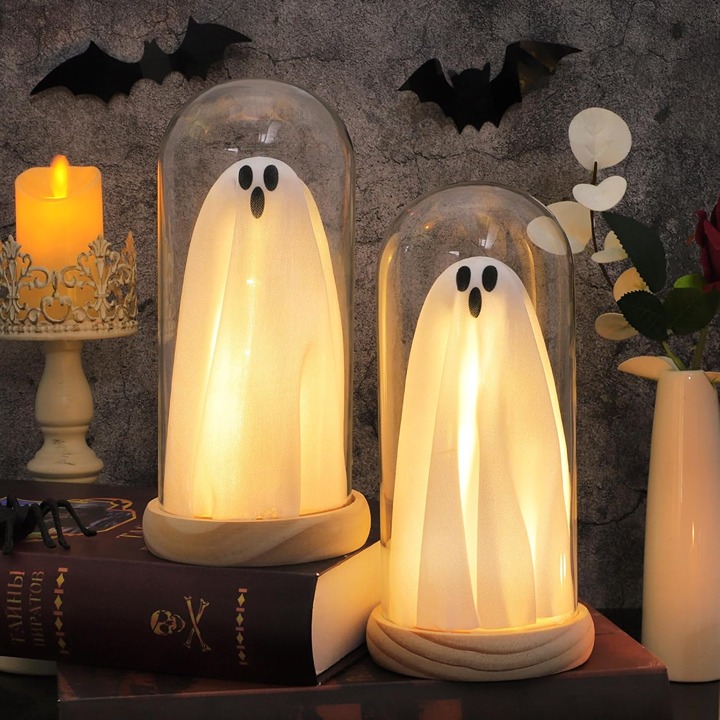 2 pack Light Up Ghosts in Glass Domes with Wood Base, Cute Halloween Decor