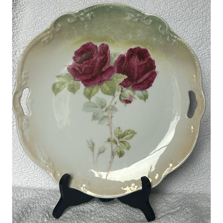 Three Crown China Serving Plate Handpainted Red Roses Luminescent 1909-1916 VGUC