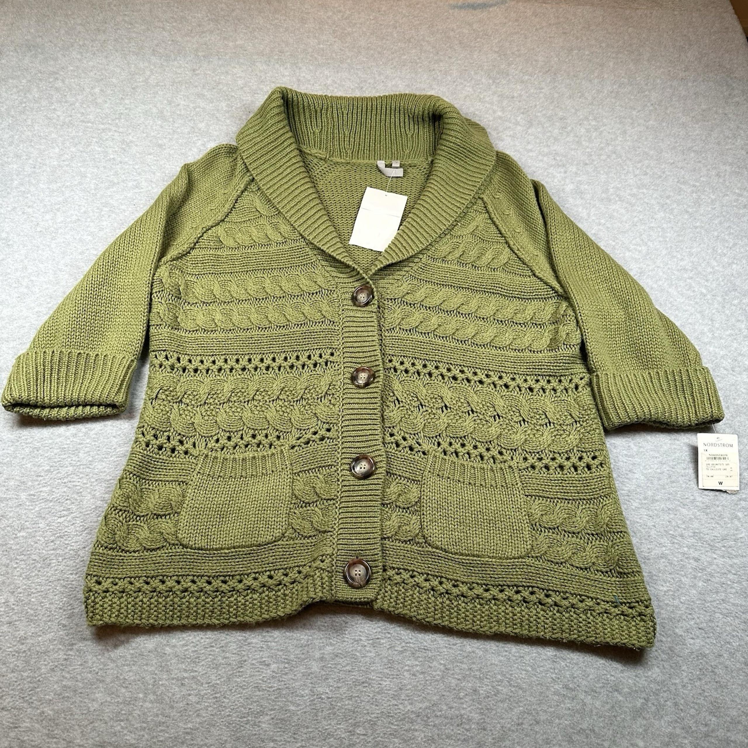 Caslon Sweater Womens XL Cable Knit 1/2 Slv Cardigan Green Pockets Nordstrom NWT
