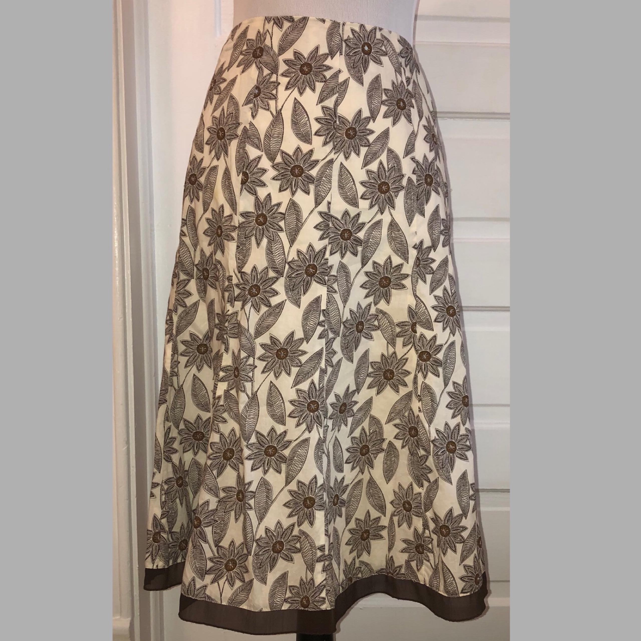 Style & Co Cream & Brown Floral A-Line Skirt, Sz 14