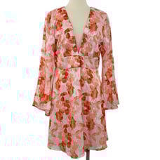 Hutch Anthropologie Amora Burnout Mini Dress Pink Combo Bell Sleeve | 12 NWT