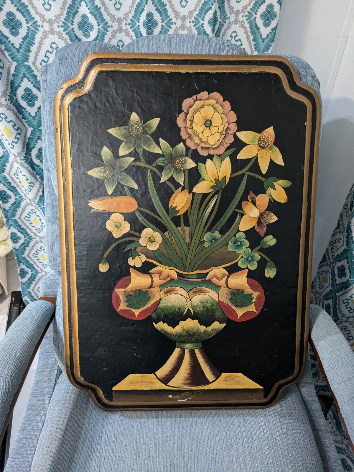 Vintage 20 X 29 Hand Painted Black Multicolor Floral Wood Panel With Gold Trim