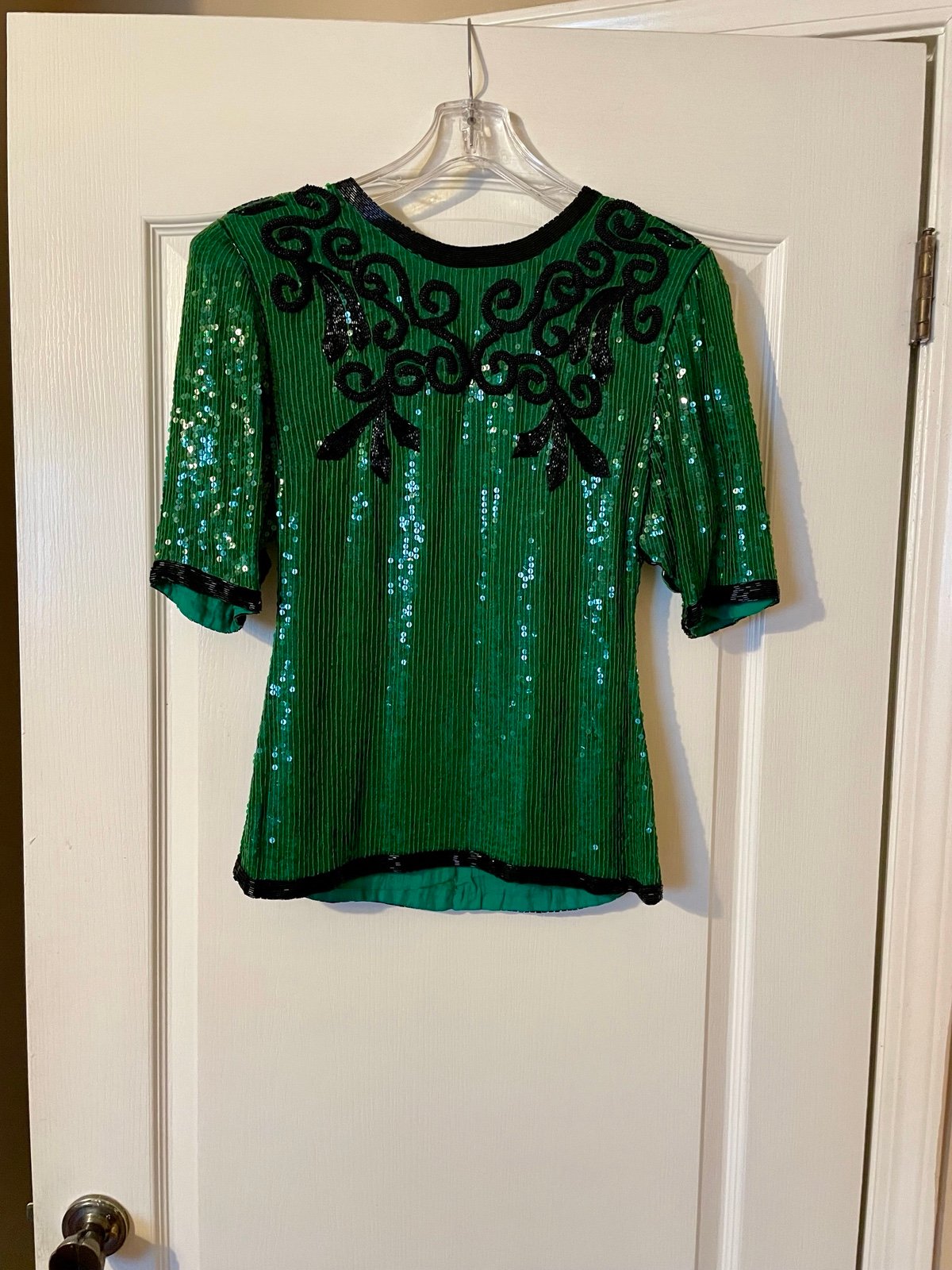 Vintage Justine Todd 100% Silk Green Beaded Sequin Top Size XS Petite Party Fest