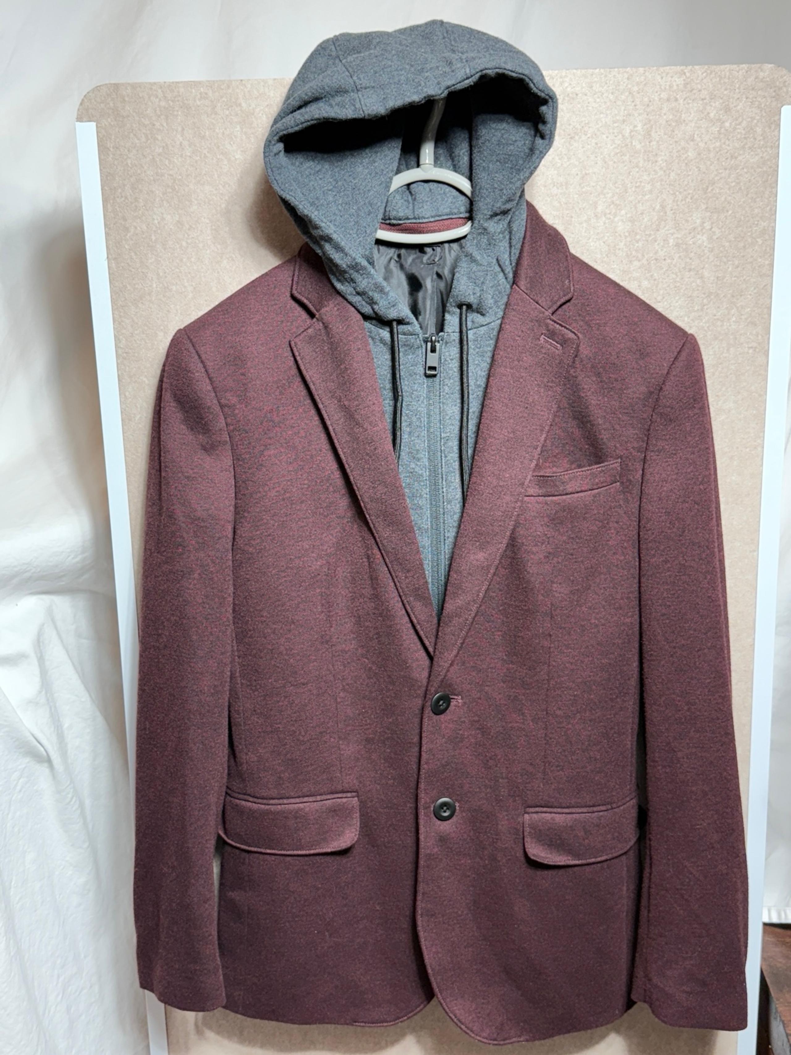 Express XS slim men’s maroon sport jacket with zip out grey hoodie
