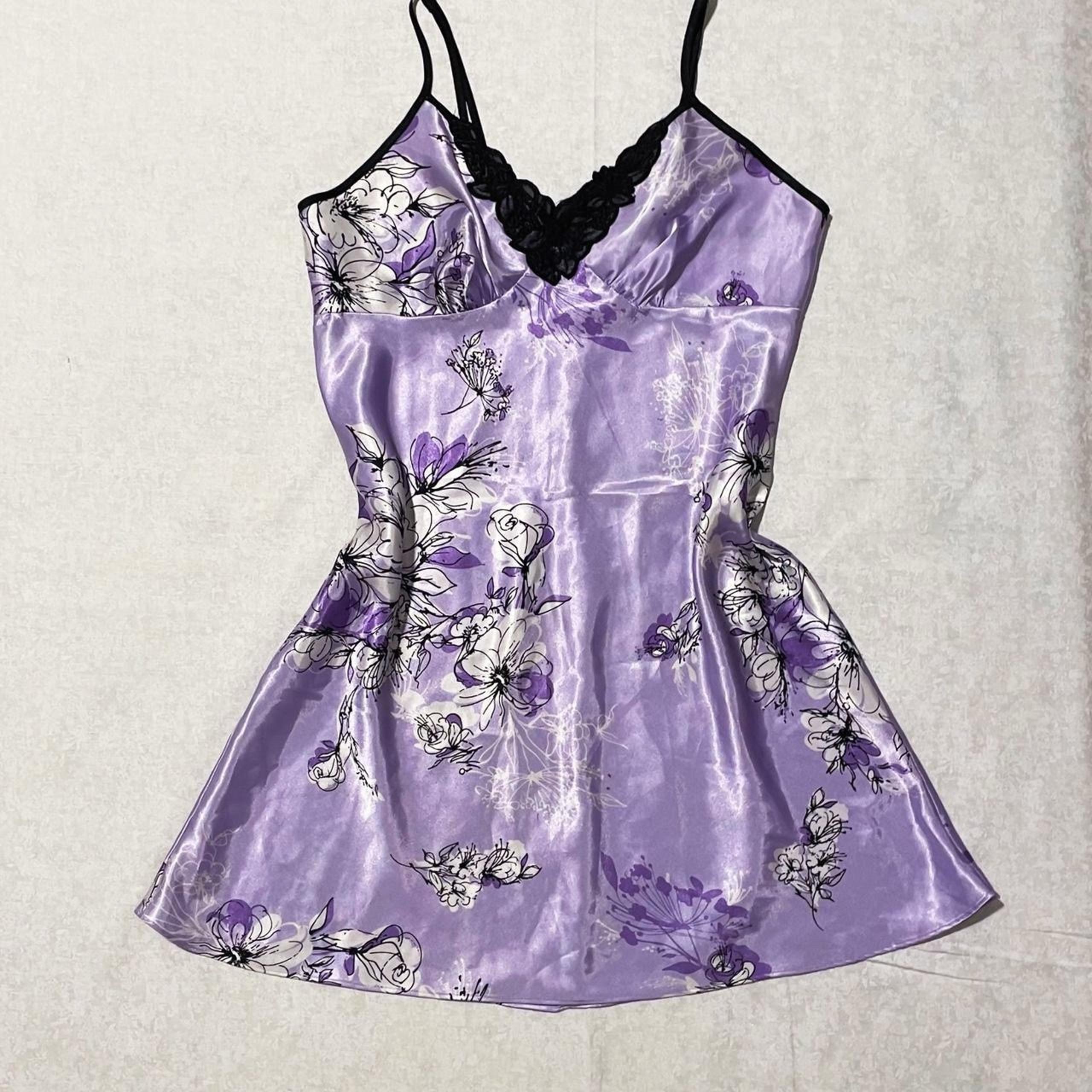 ☆.。.:* purple, black, & white silk floral lace detail slip dress