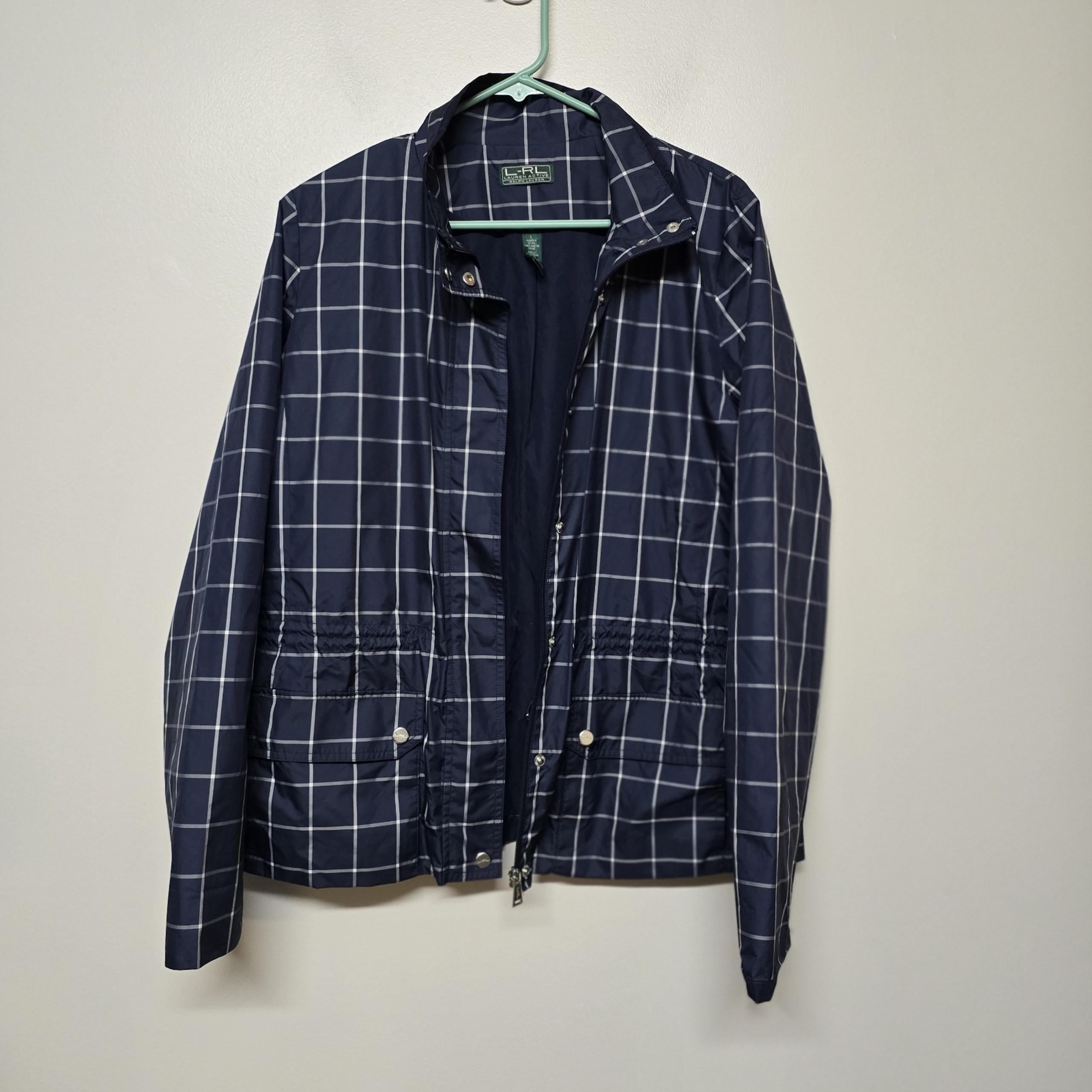 L-RL Ralph Lauren Active Womens Size L Blue Plaid Rain Coat Windbreaker NEW
