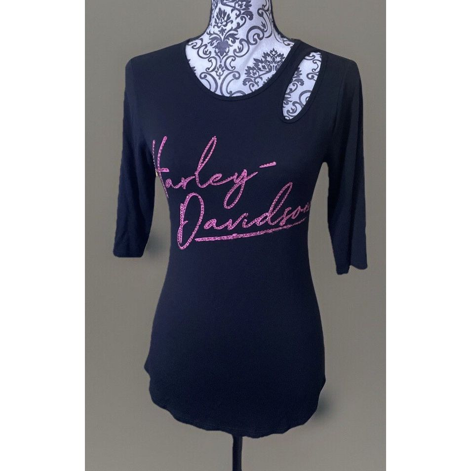HARLEY DAVIDSON ✨HT4647BLK S Women's Embellished Script Keyhole 3/4 Sleeve