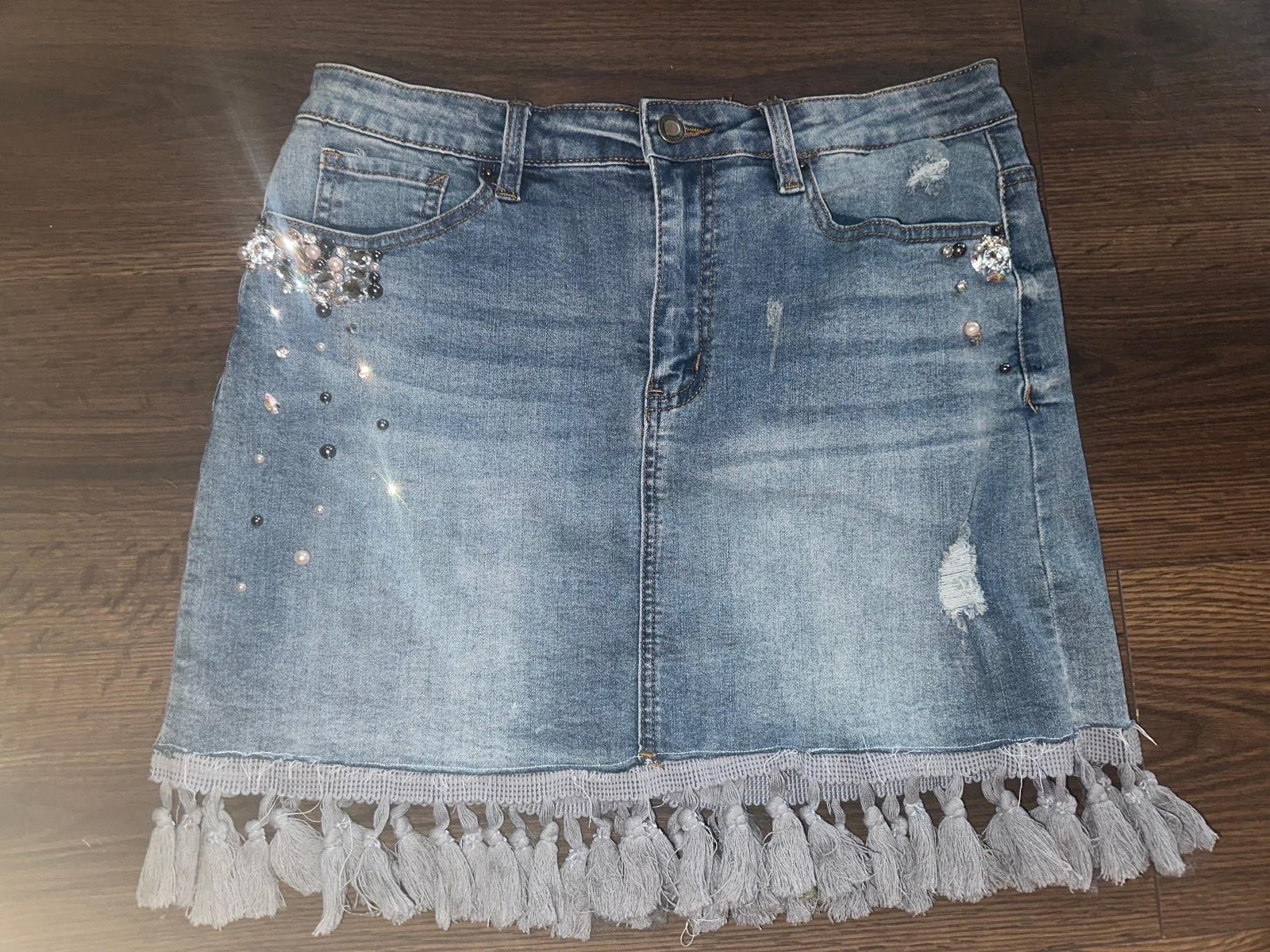 Angel Kiss Fringe and Bling Denim Skirt Size Large