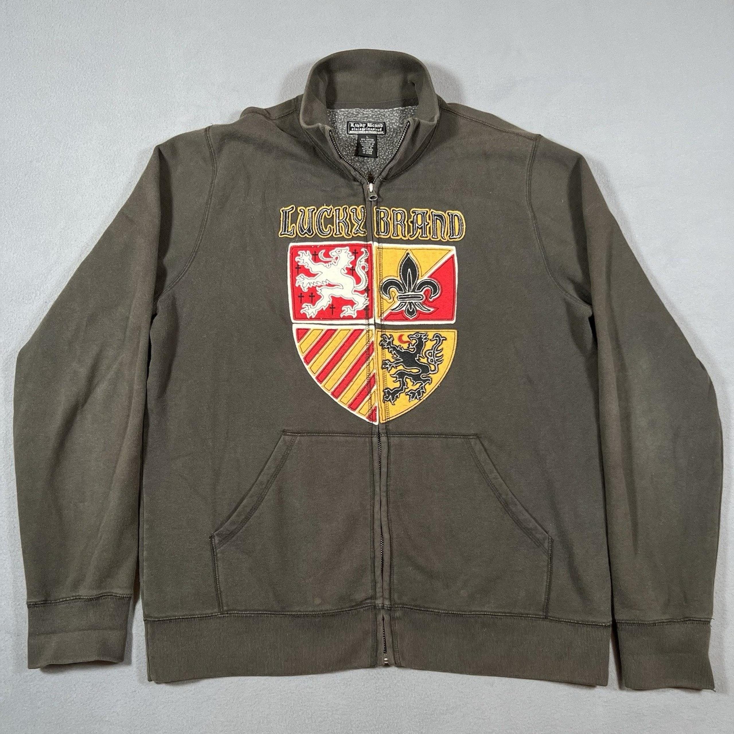 Lucky Brand Full Zip Sweater Men L Green Fleur De Lis Dragons Crest Irish Shield