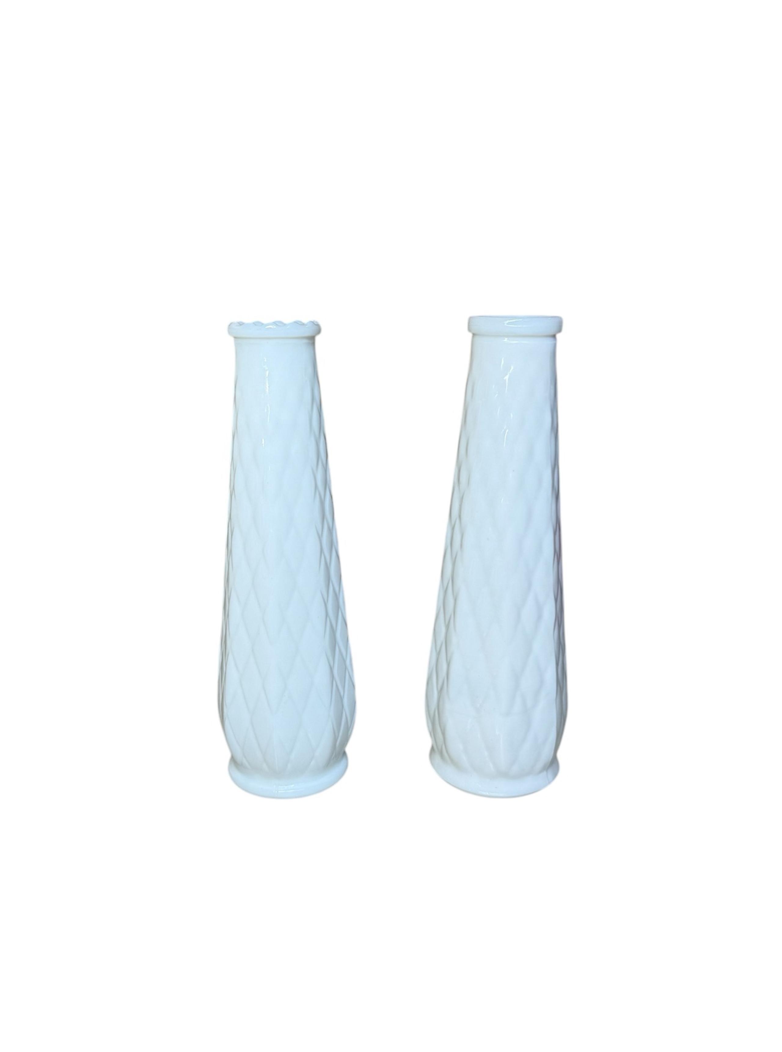 Set of 2, Vintage E.O. Brody Co Milk Glass Quilted Diamond Pattern Bud Vases
