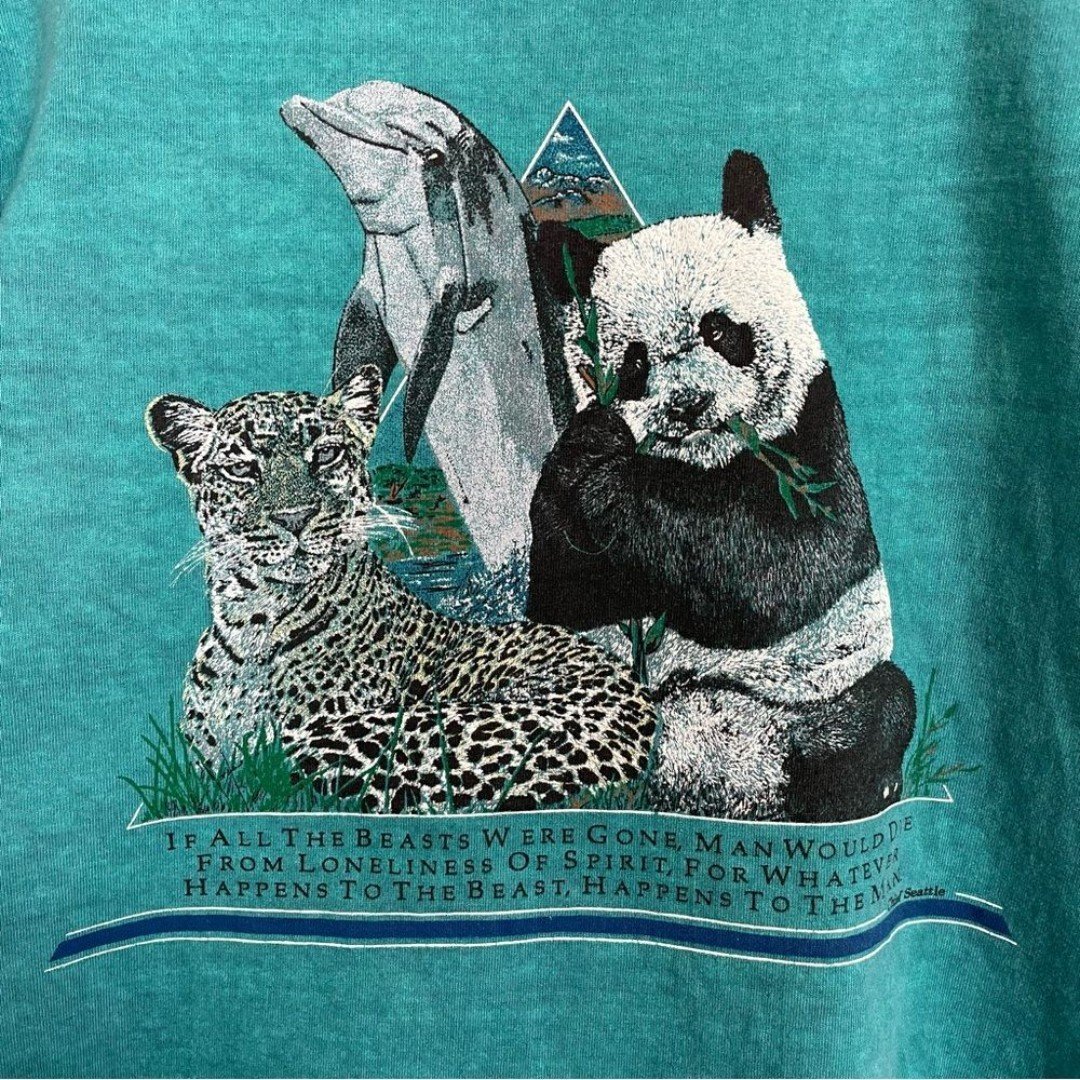Vintage 90s Wildlife T-Shirt Nature XL Teal Panda Dolphin Leopard Casual Graphic