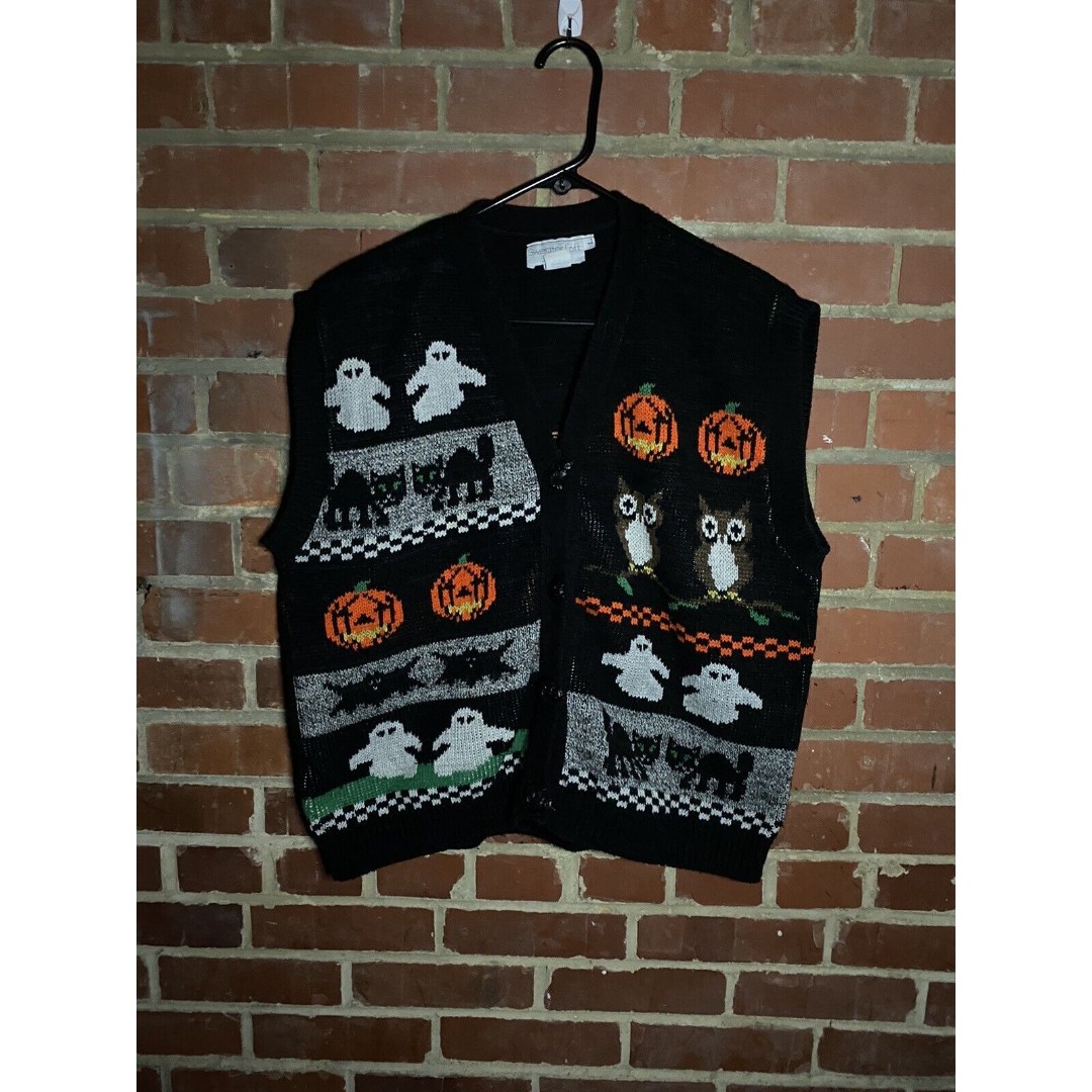 Vintage Sweater Loft Cardigan Sweater Happy Halloween Heavy Grandma Womens Large