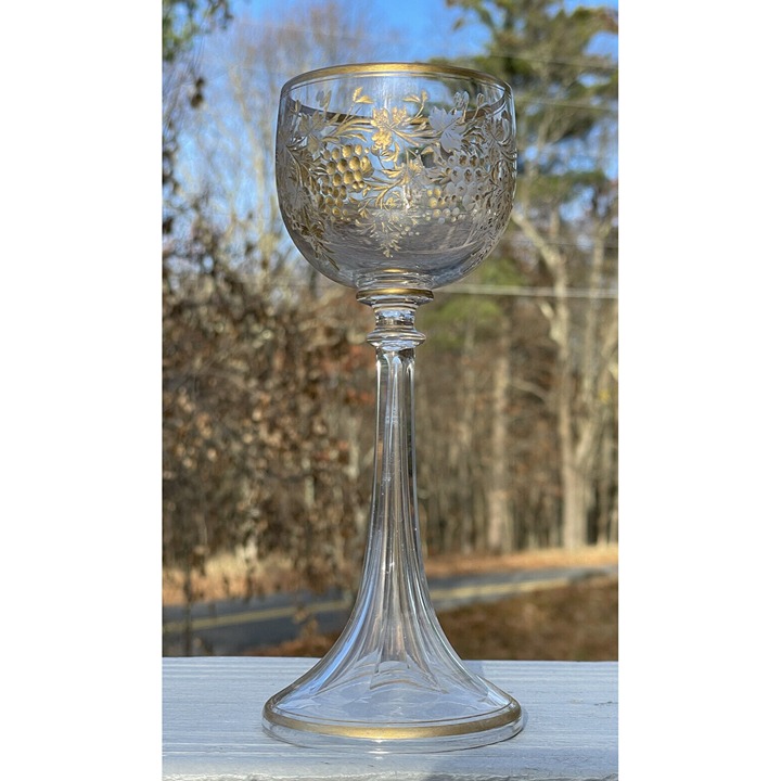 Antique Bohemian Etched Glass Goblet Wine Stemware Grapes Leaves 19th - 20th C.