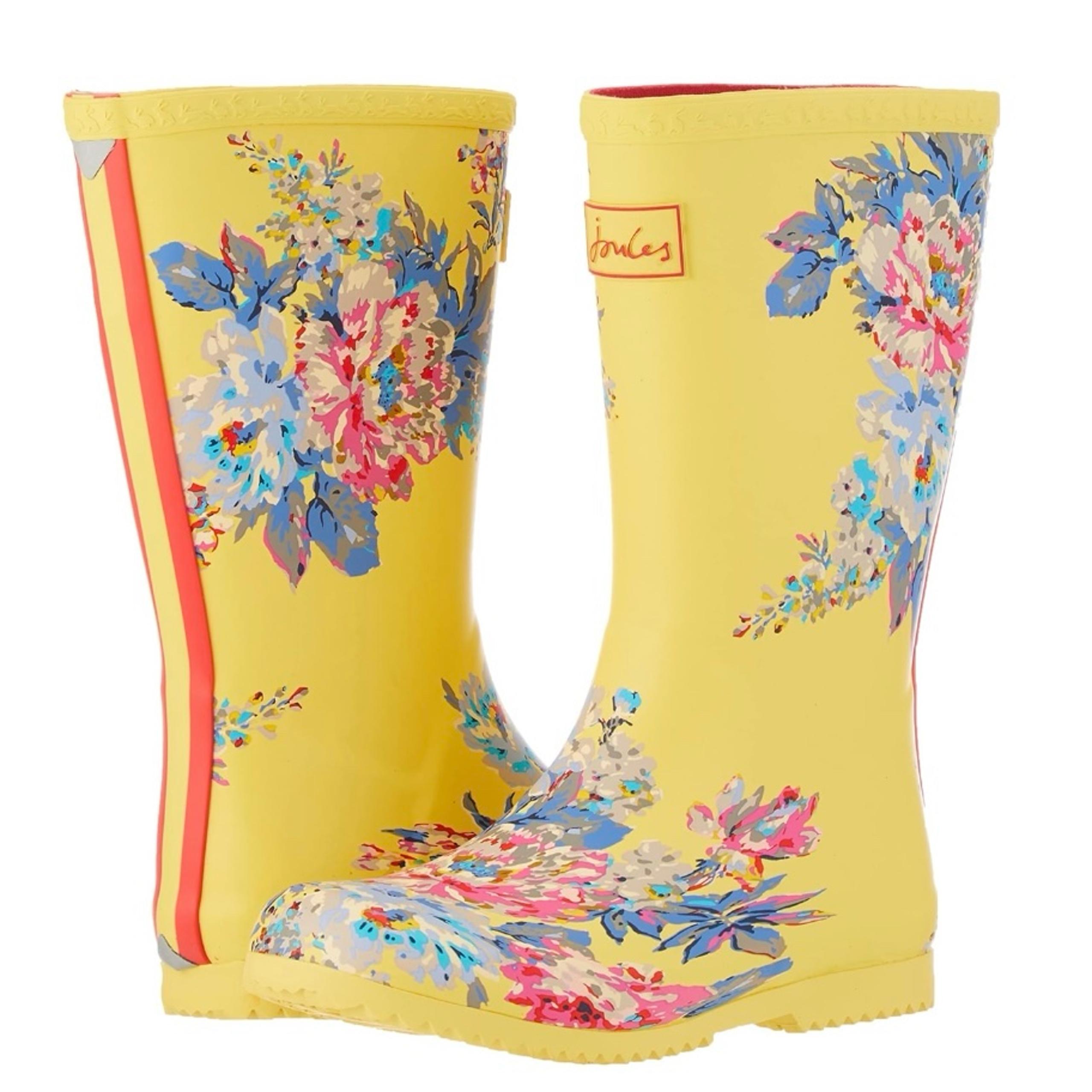 NIB Joules Roll Up Flexible Yellow Floral Rainboots, Size 13