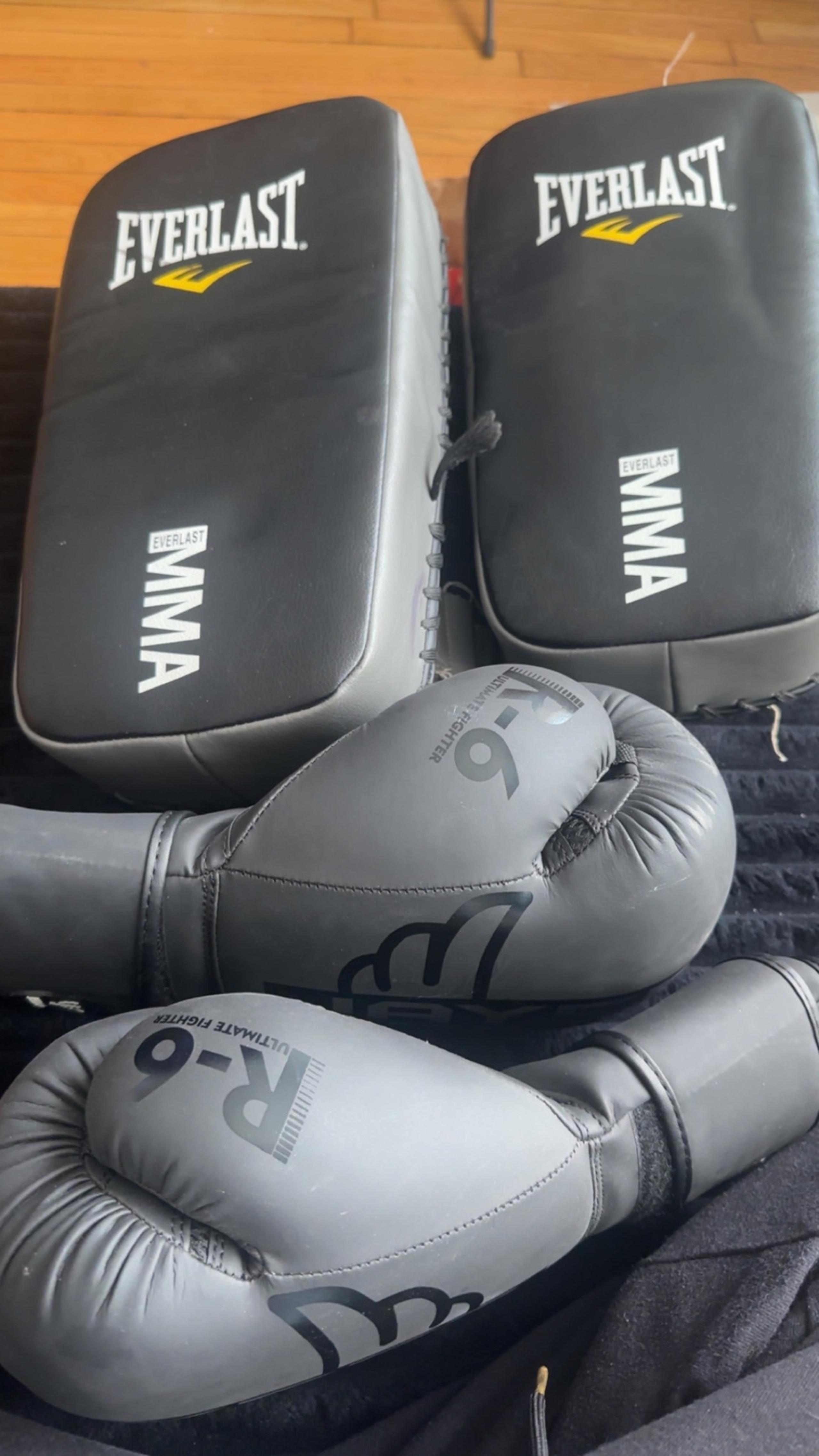 16oz boxing gloves + Everlast MMA kicking pads
