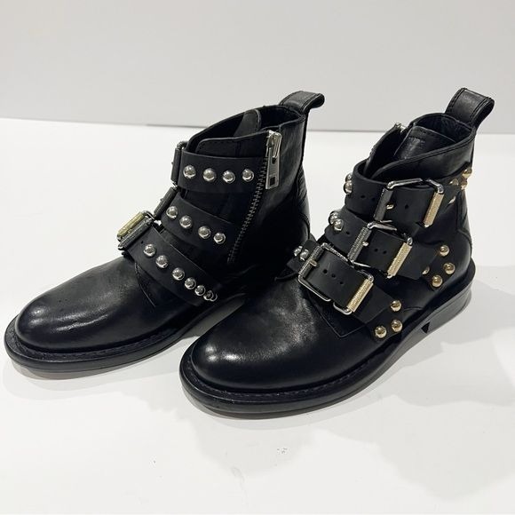 Zadig Voltaire Laureen Buckle Leather Studded Ankle Boot Black Size 36 US 5