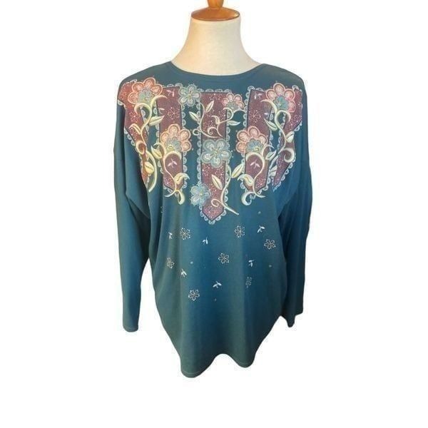 Sassy Sports Women's Vintage Teal Green Gold Floral Long Sleeve Crewneck Sweatsh