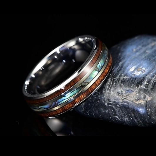 8mm Mens Tungsten Ring ~ Genuine Turquoise & Koa Wood Band ~ Unisex Thumb Pinky