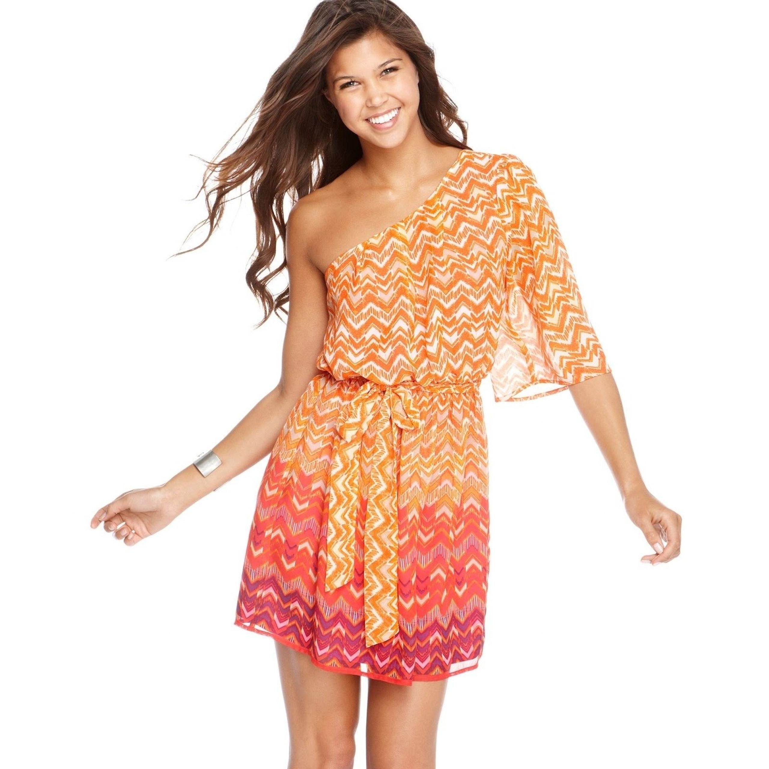 A. Byer Orange Chevron One Shoulder Belted Tie Waist Y2K Mini Dress Size Small