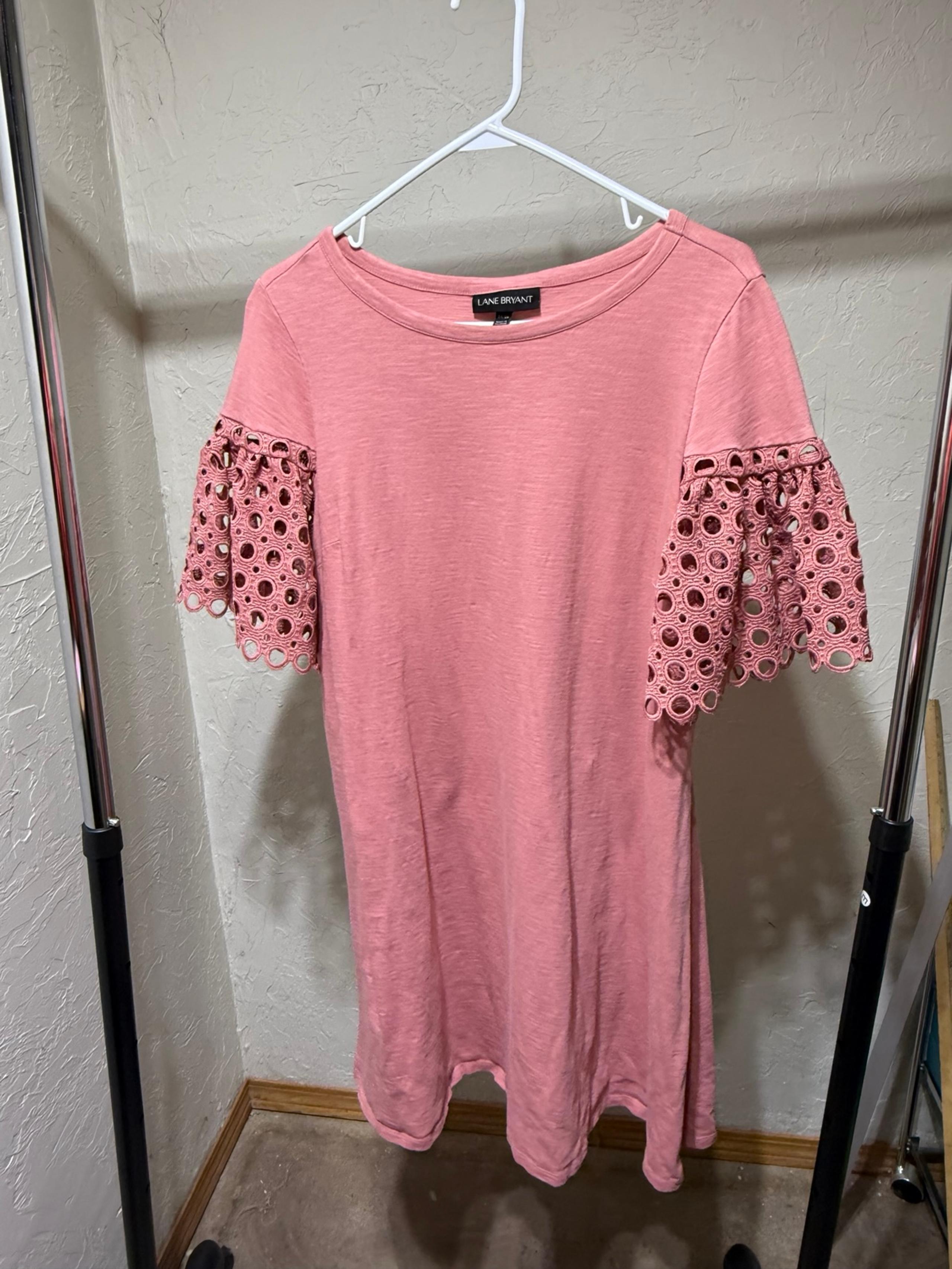 Lane Bryant pink flutter “crochet” sleeve cotton pullover dress Size 14/16W