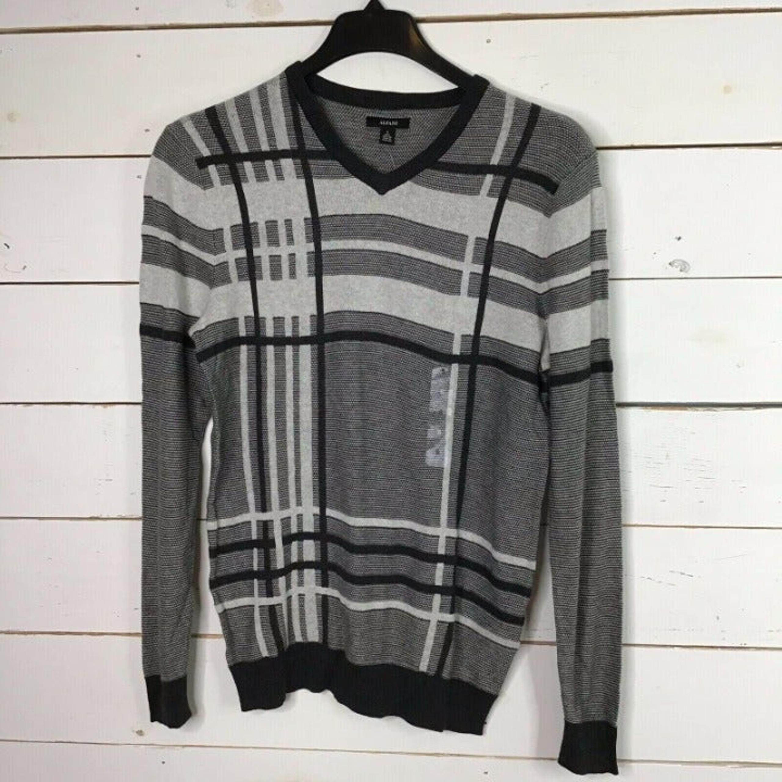 New Alfani Plaid Crewneck Sweater Cotton, Heather Onyx Gray Men's Small