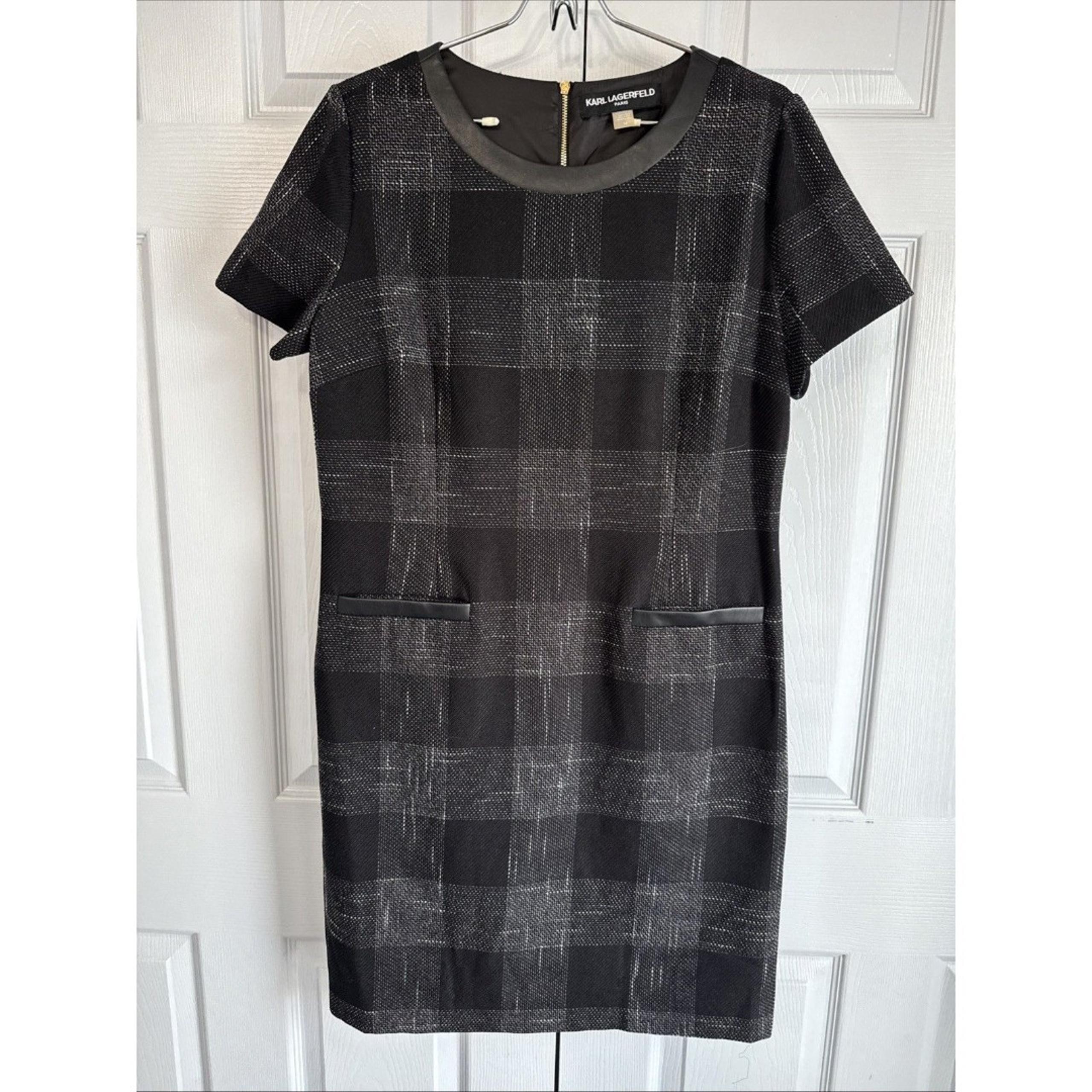 Karl Lagerfeld Paris Tweed Shift Dress Sz 14 Modest Preppy Twee Midi Pockets!