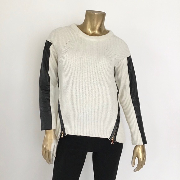 MILLY WOOL BLEND/LEATHER SLEEVE SWEATER