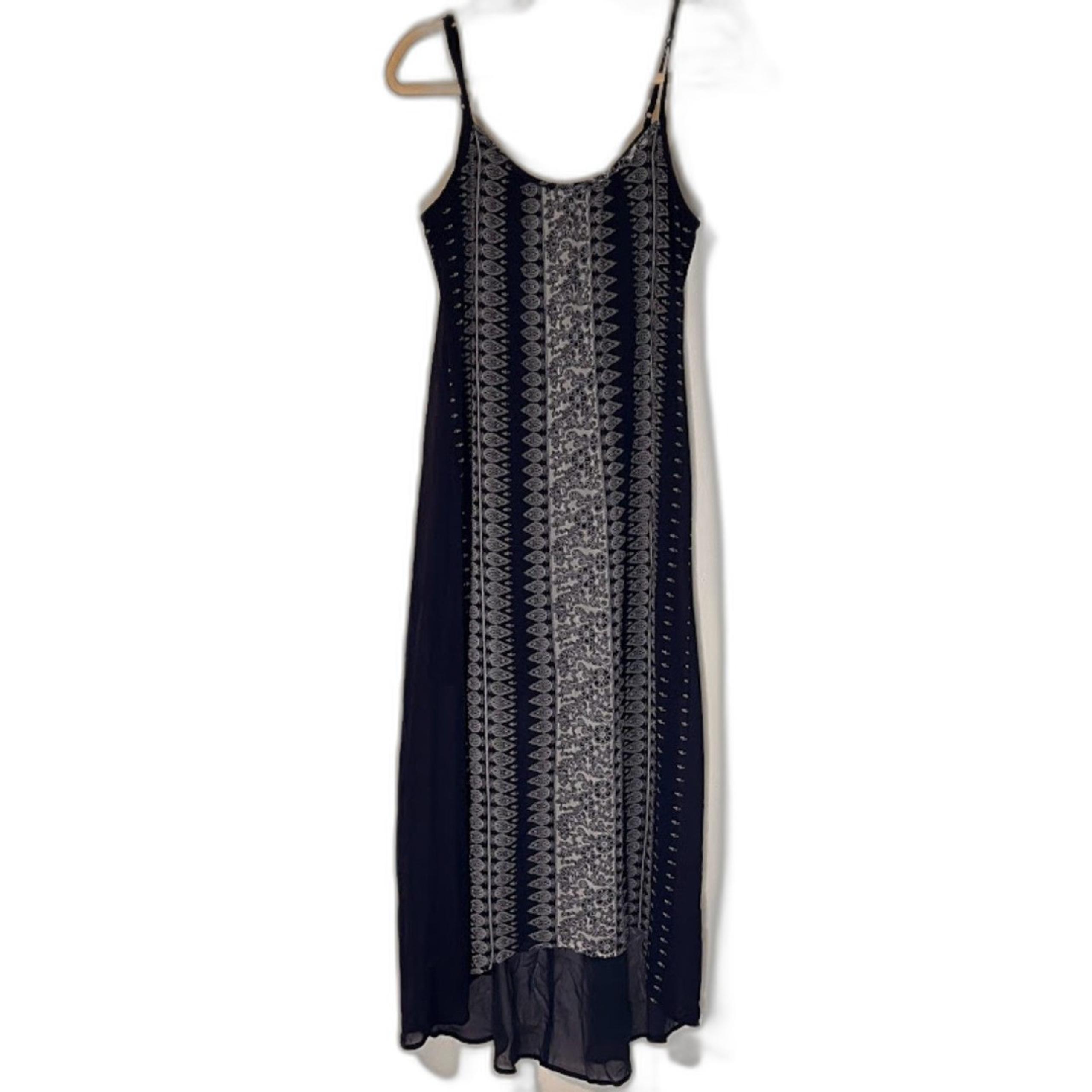 As U Wish Modern Boho Dressy Blue Print Front Solid Blue Back HiLo Maxi Dress M