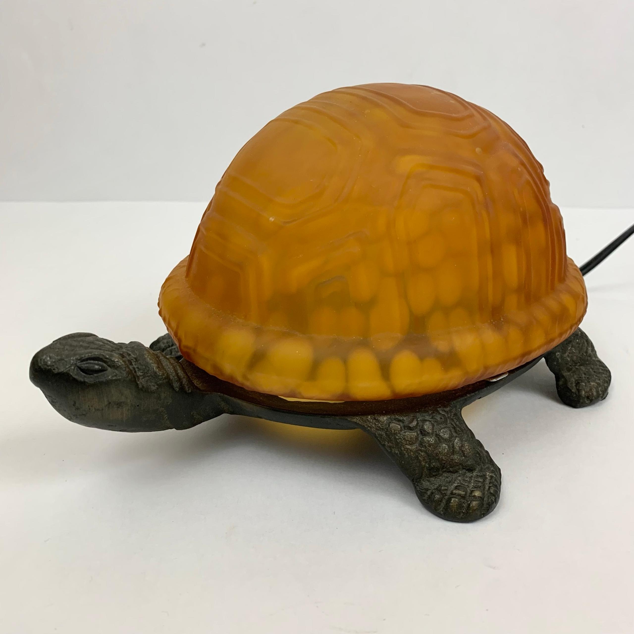 Vintage Tortoise Shell Amber Glass Turtle Accent Lamp Cast Iron Base Night Light