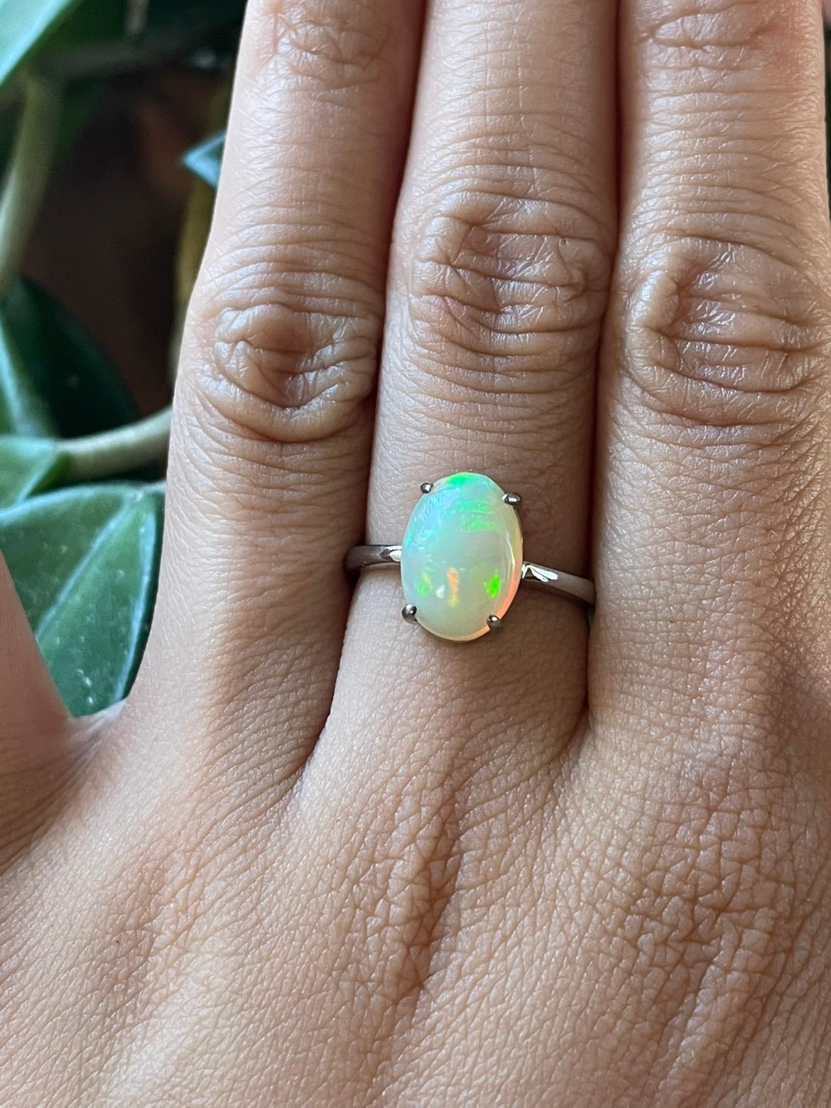 14k Solid White Gold Opal Ring