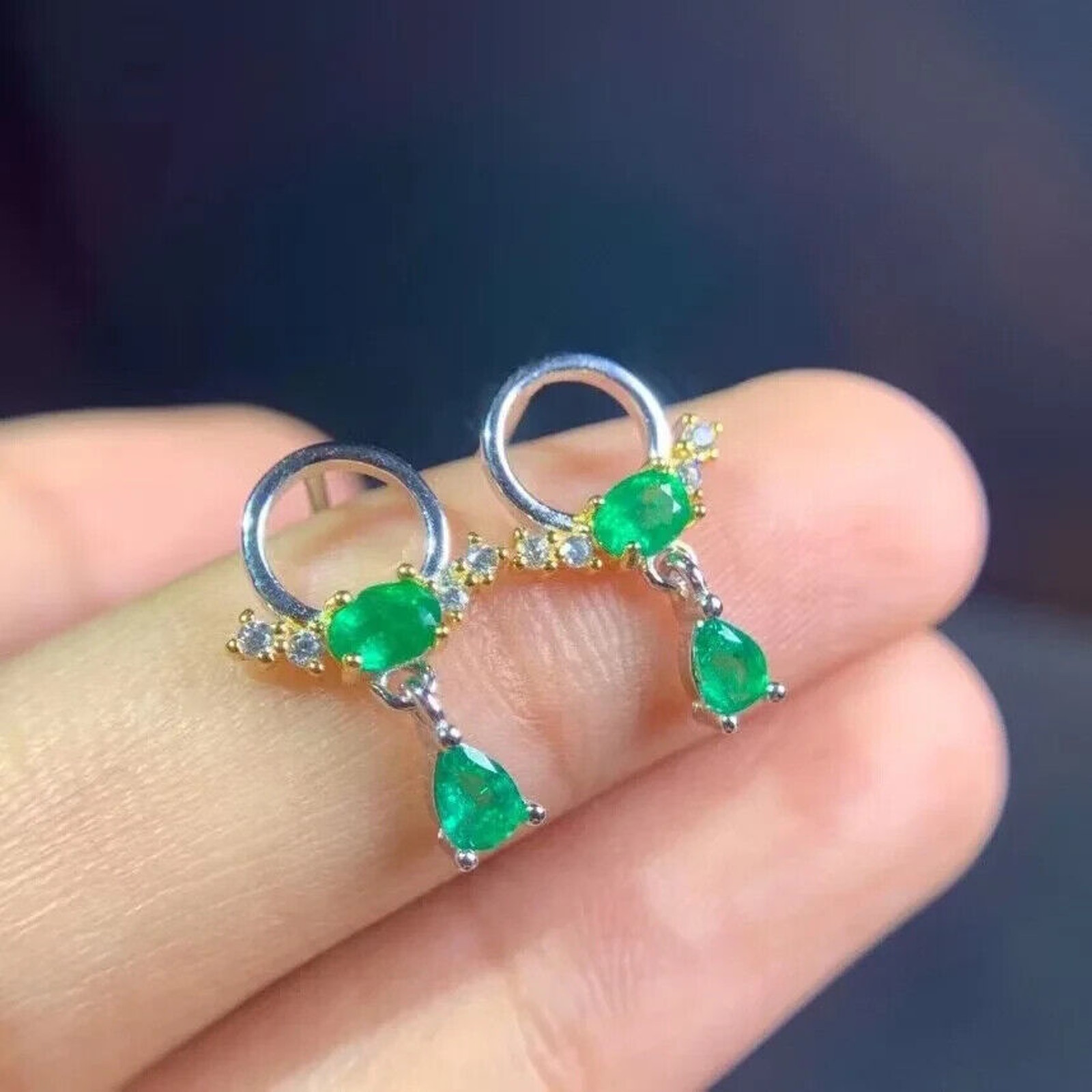 Natural Emerald Stud Earrings, Genuine Emerald Earrings 3x4mm Platinum Plated