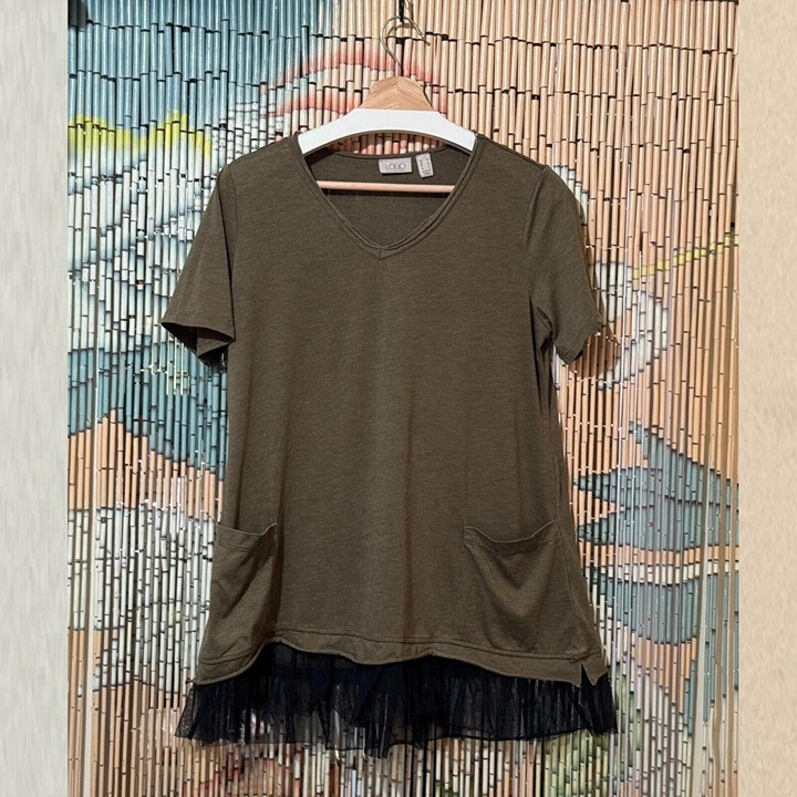 LOGO by Lori Goldstein V-Neck T-Shirt with Pockets, Ruffle Hem Trim, Olive, M