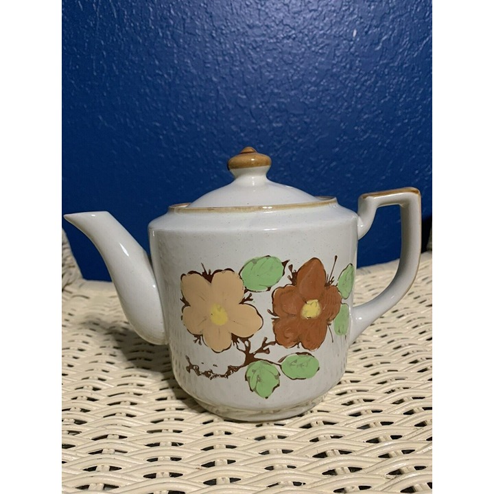 Vintage Japanese Tea Pot White w Hand Painted Tan/Brown Flowers - Made in Japan