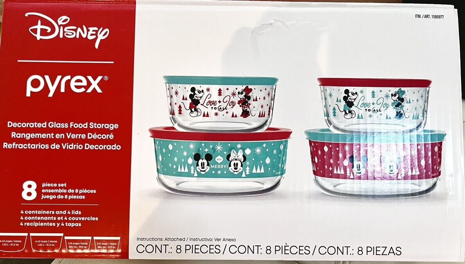 Pyrex Disney Christmas Mickey & Minnie Mouse 8 Piece Glass Storage + Lids Set