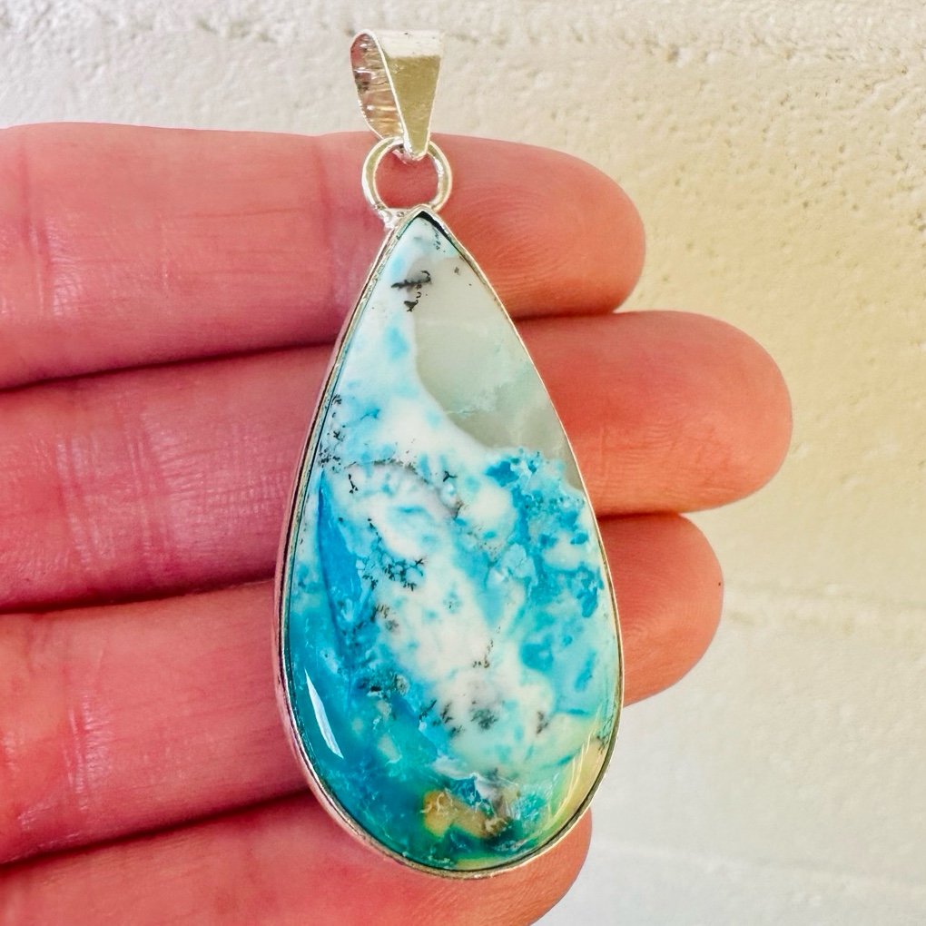 Sterling Silver 925 Teardrop Blue Dendritic Opal Gemstone Pendant