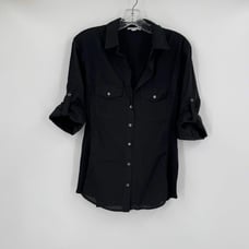 James Perse Womens Black Woven Collared Roll Tab Sleeve Button Top Sz 4/XL