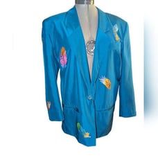 Vintage Elisa teal silk with feather details jacket boho