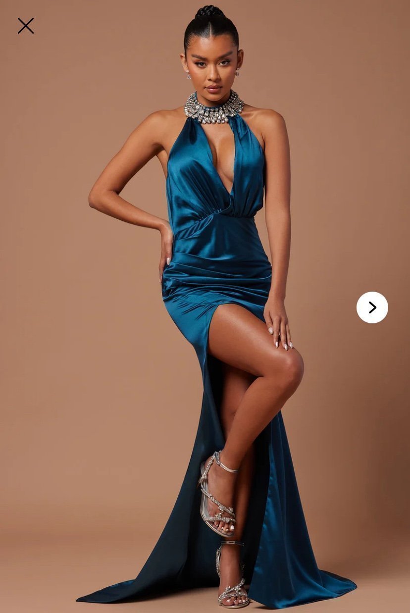 Fashion Nova Luxe Serena sexy embellished teal satin halter dress