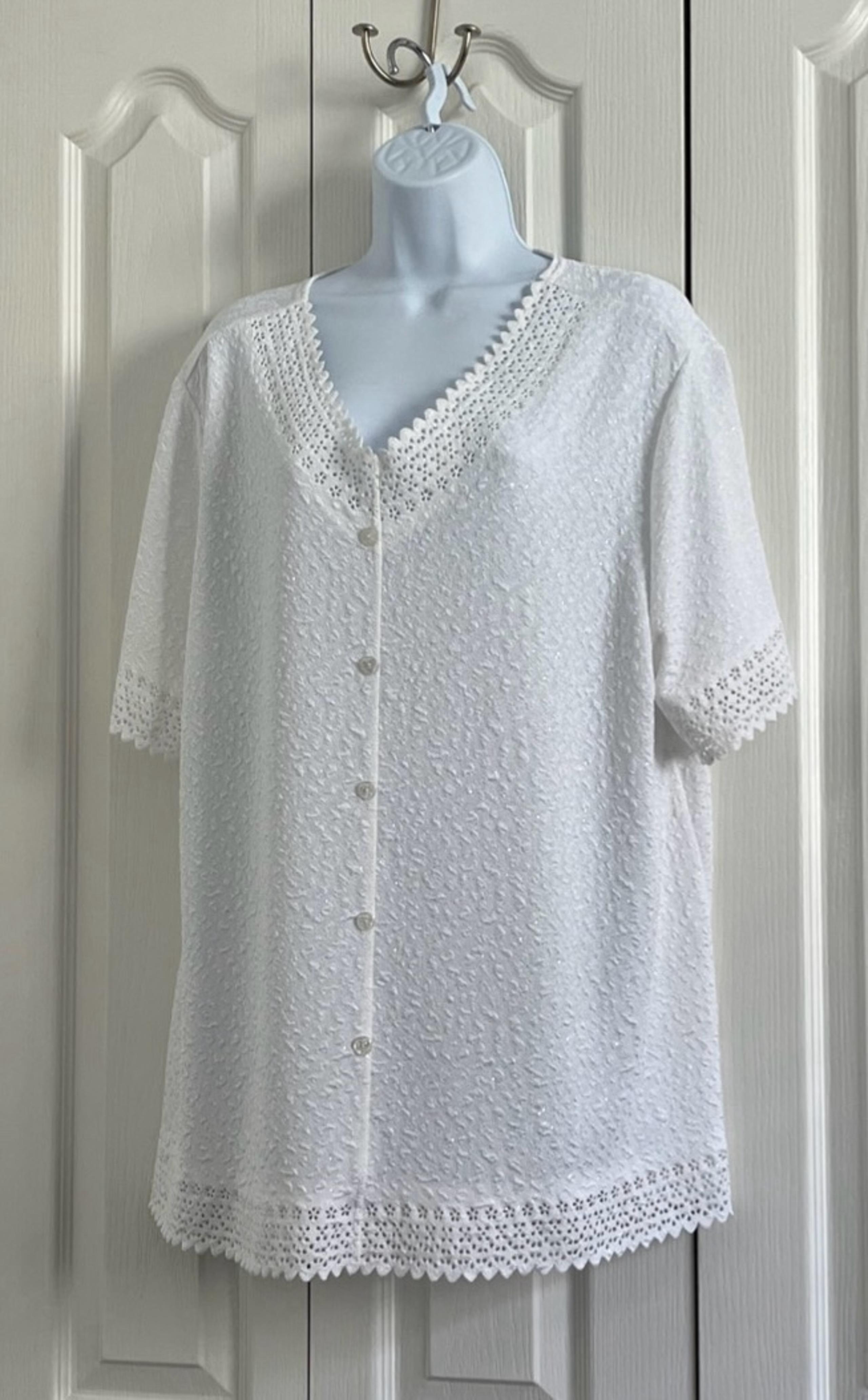 White Bon Worth Blouse short sleeve V Neck lace design and Beaded Accents