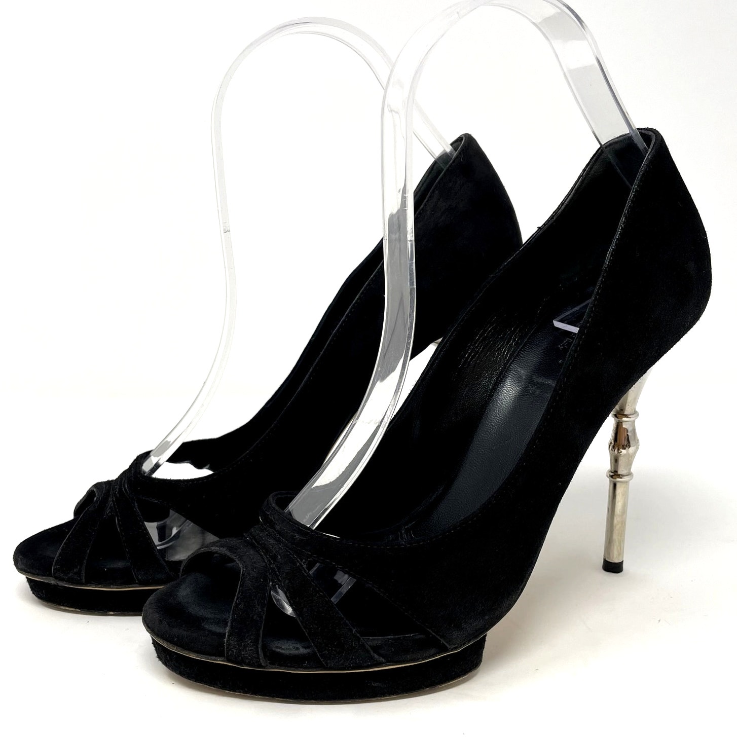 Gucci Black Suede Debra Platform Stiletto Heels Size 36 US 6 Open Toe