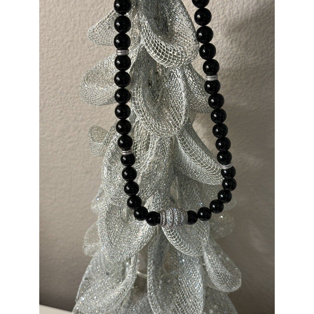 Judith Ripka Sterling Onyx Bead and Diamonique Barrel Necklace 20 Inch NIB
