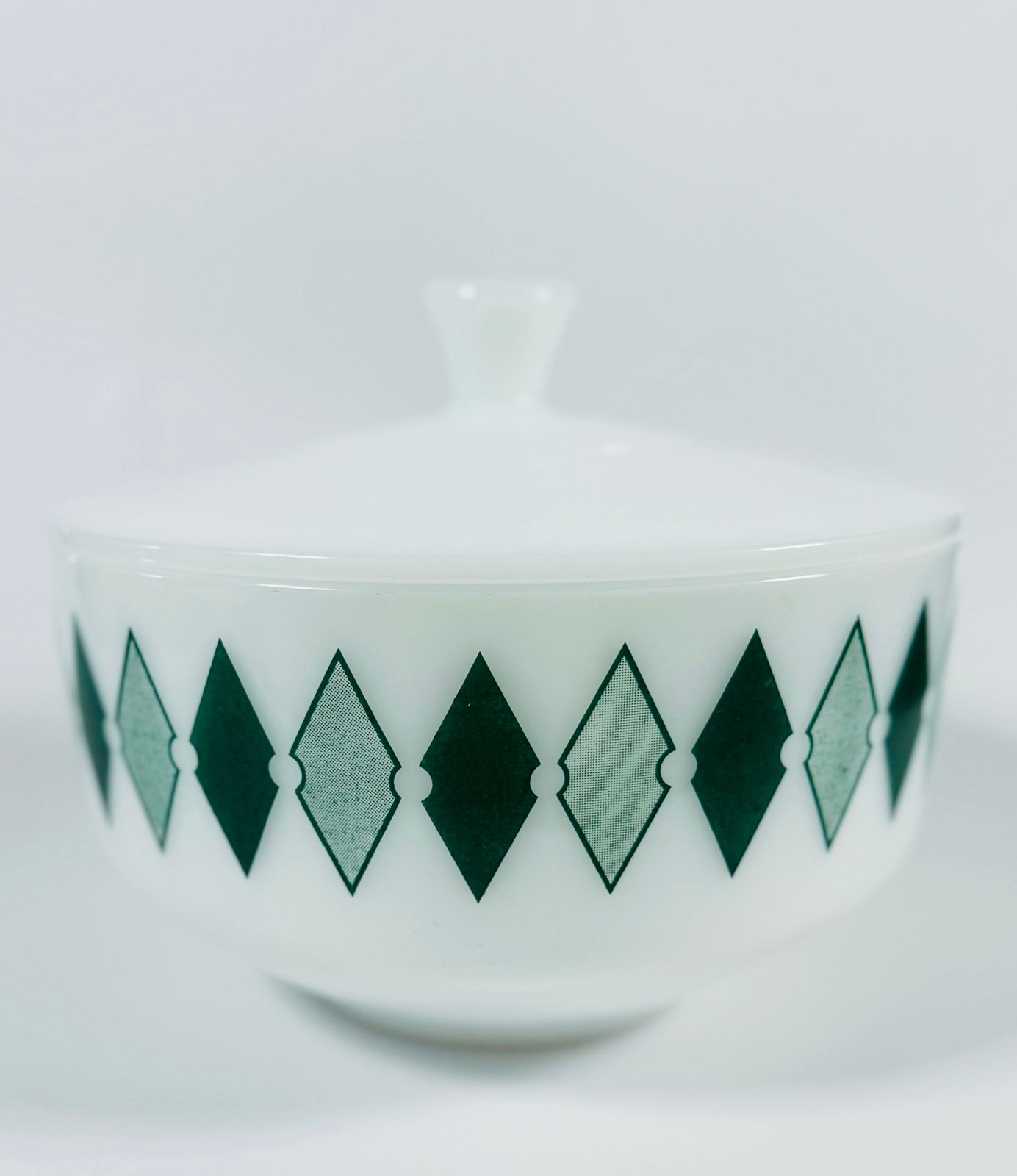 Vintage Federal Glass HTF Milk Glass Green Diamond Pattern 8” Casserole Dish