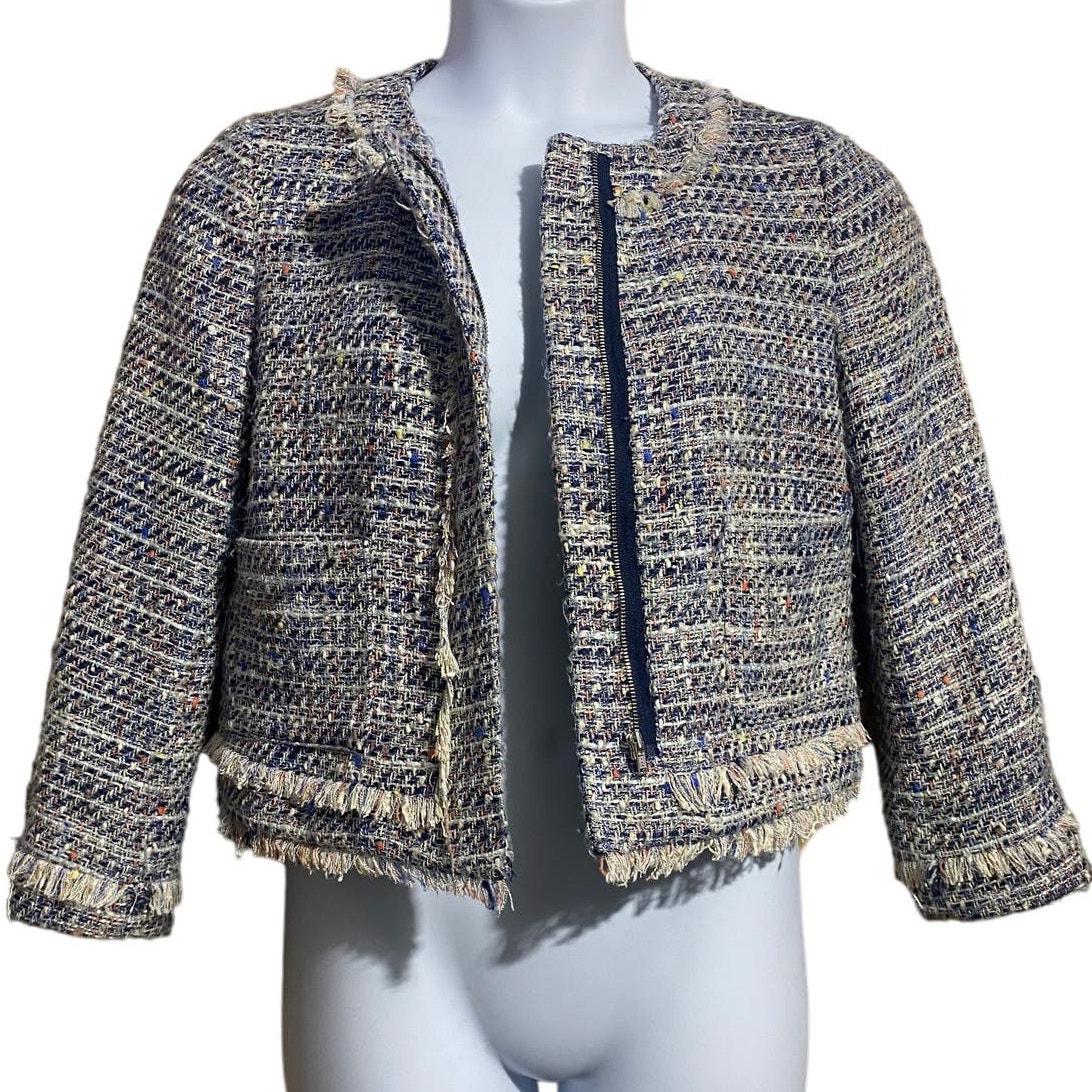J.Crew multicolored zip front tinsel tweed cropped blazer with fringe - size 6