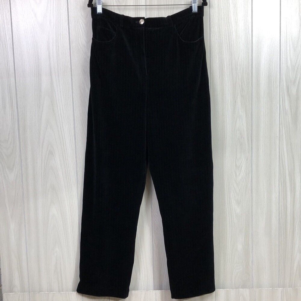 ST. John Womens Pants Large Black Velour Velvetr Pinstripe Wide Leg Trousers