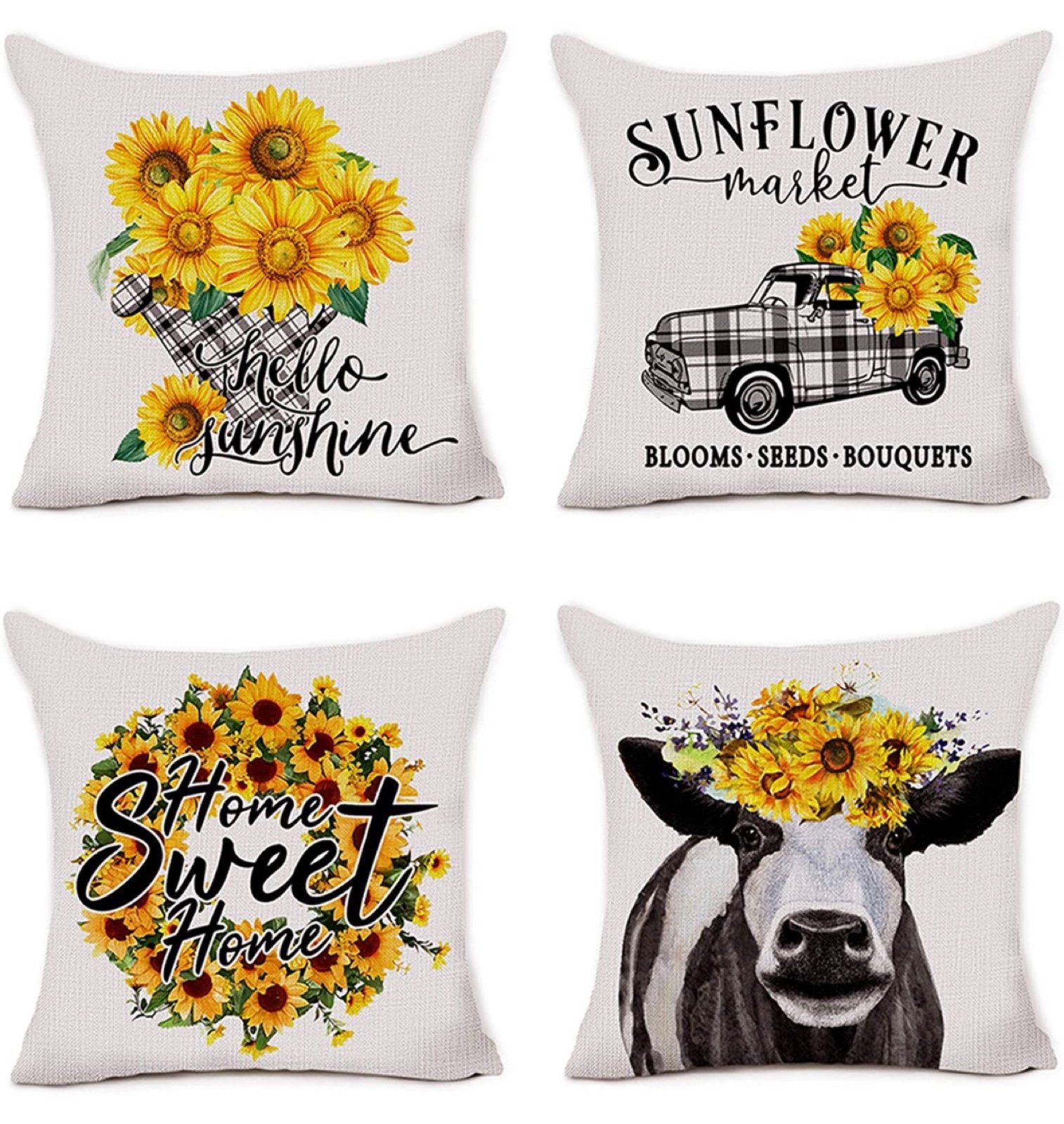 Rustic Sunflower Pillow Covers 18 x 18 Set of 4 Decorative Farmhouse Cow Truck
