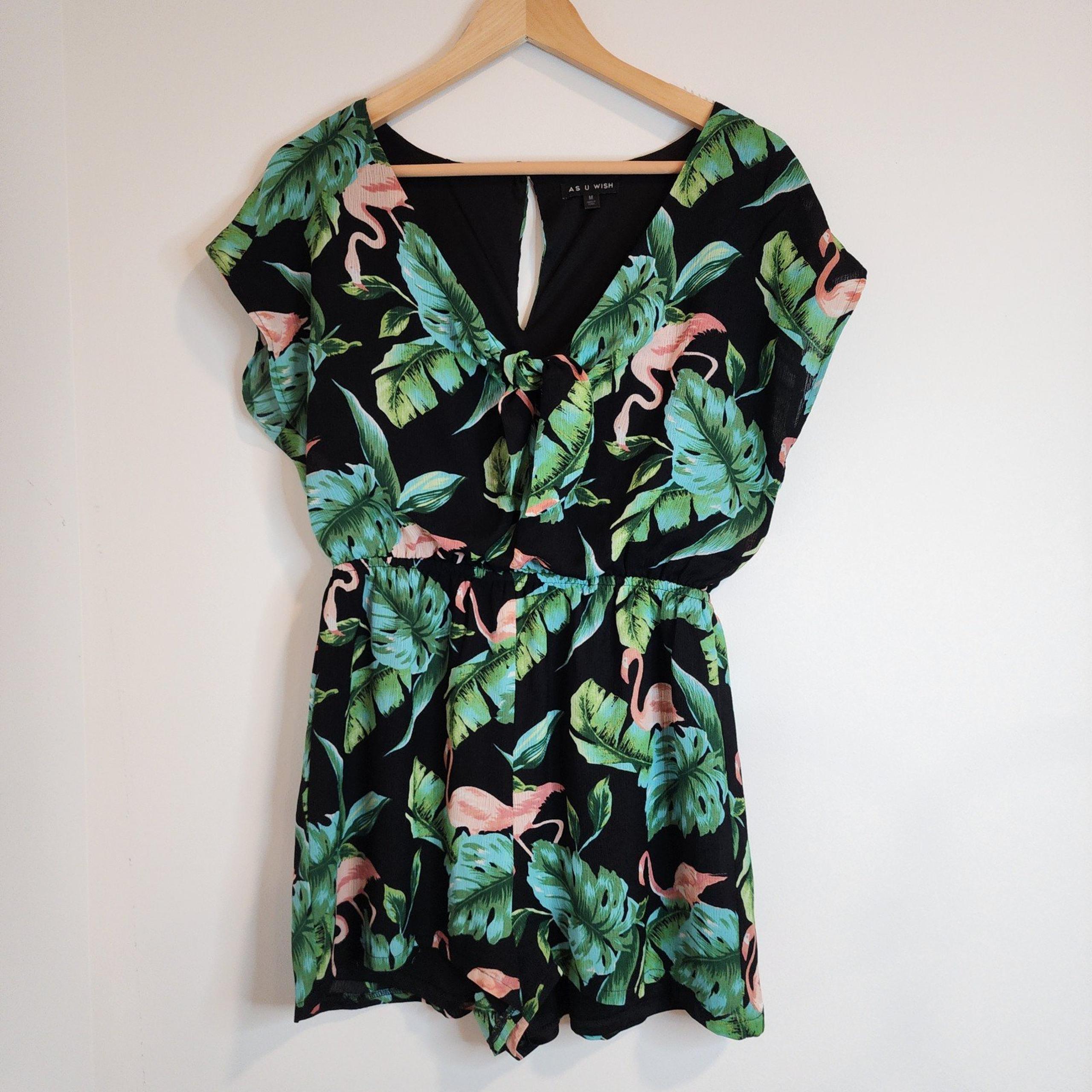 As U Wish Womens Medium Flamingo Tropical Print Romper Shorts